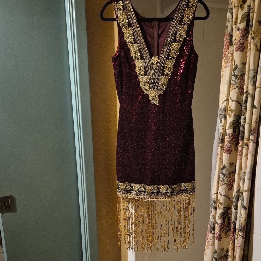 Elegant Burgundy and Gold Sequin Dress